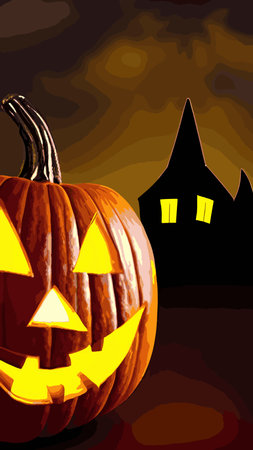Halloween creepy vector background. Scary cartoon illustration. Horror moon, pumpkins and tombstones creepy background.のイラスト素材