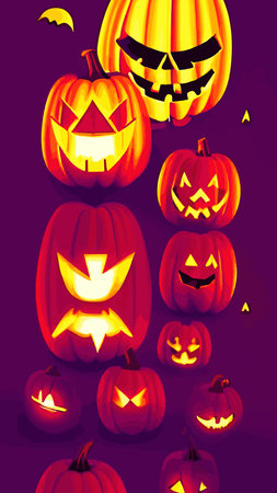 Halloween creepy vector background. Scary cartoon illustration. Horror moon, pumpkins and tombstones creepy background.のイラスト素材