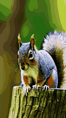 squirrel. Cute wild animal with acorn. Playful fluffy creature holding mushroom and climbing on tree...