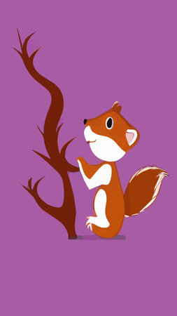 squirrel. Cute wild animal with acorn. Playful fluffy creature holding mushroom and climbing on tree trunk. Vector orange forest rodents set with furry tail jumping on branchesのイラスト素材