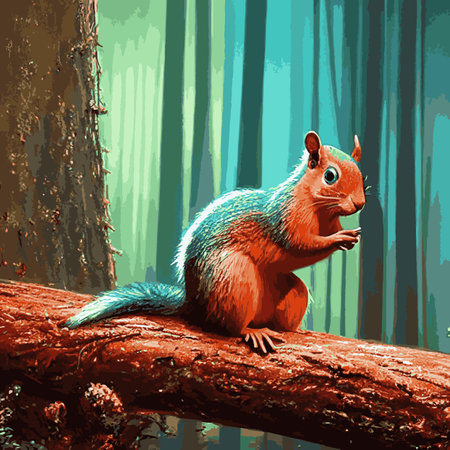 squirrel. Cute wild animal with acorn. Playful fluffy creature holding mushroom and climbing on tree...