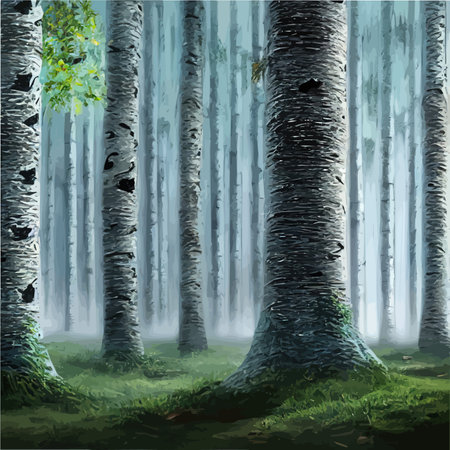 Birch thickets against backdrop of pine forest. summer landscape trees. nature view. Cartoon fun style. flat design. vectorのイラスト素材