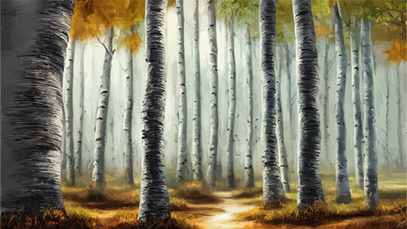 Birch thickets against backdrop of pine forest. summer landscape trees. nature view. Cartoon fun style. flat design. vectorのイラスト素材