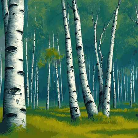 Birch thickets against backdrop of pine forest. summer landscape trees. nature view. Cartoon fun style. flat design. vectorのイラスト素材
