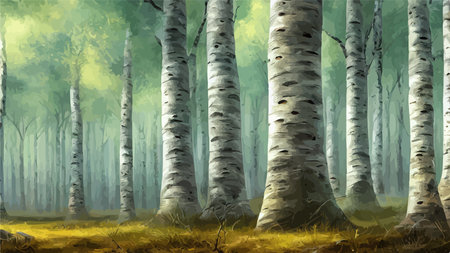 Birch thickets against backdrop of pine forest. summer landscape trees. nature view. Cartoon fun style. flat design. vectorのイラスト素材