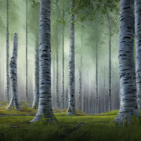 Birch thickets against backdrop of pine forest. summer landscape trees. nature view. Cartoon fun style. flat design. vectorのイラスト素材