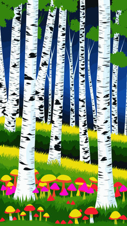 Birch thickets against backdrop of pine forest. summer landscape trees. nature view. Cartoon fun style. flat design. vectorのイラスト素材