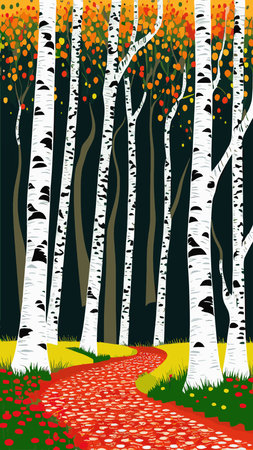 Birch thickets against backdrop of pine forest. summer landscape trees. nature view. Cartoon fun style. flat design. vectorのイラスト素材