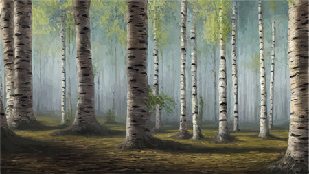 Birch thickets against backdrop of pine forest. summer landscape trees. nature view. Cartoon fun style. flat design. vectorのイラスト素材
