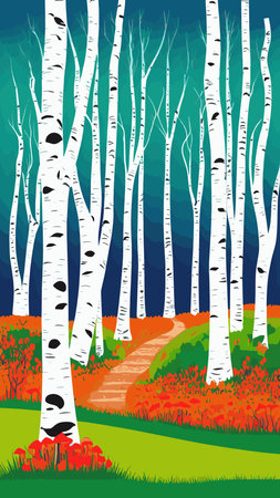 Birch thickets against backdrop of pine forest. summer landscape trees. nature view. Cartoon fun style. flat design. vectorのイラスト素材
