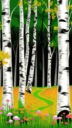 Birch thickets against backdrop of pine forest. summer landscape trees. nature view. Cartoon fun style. flat design. vectorのイラスト素材