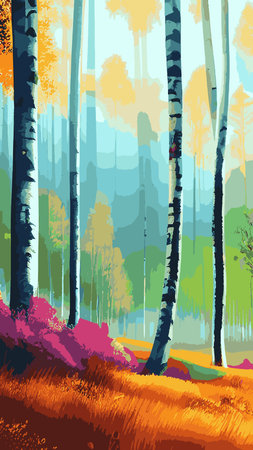 Birch thickets against backdrop of pine forest. summer landscape trees. nature view. Cartoon fun style. flat design. vectorのイラスト素材