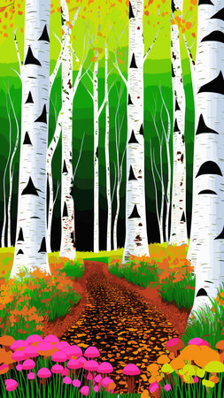 Birch thickets against backdrop of pine forest. summer landscape trees. nature view. Cartoon fun style. flat design. vectorのイラスト素材