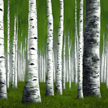 Birch thickets against backdrop of pine forest. summer landscape trees. nature view. Cartoon fun style. flat design. vectorのイラスト素材