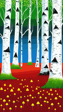 Birch thickets against backdrop of pine forest. summer landscape trees. nature view. Cartoon fun style. flat design. vectorのイラスト素材