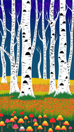 Birch thickets against backdrop of pine forest. summer landscape trees. nature view. Cartoon fun style. flat design. vectorのイラスト素材