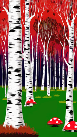 Birch thickets against backdrop of pine forest. summer landscape trees. nature view. Cartoon fun style. flat design. vectorのイラスト素材