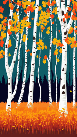 Birch thickets against backdrop of pine forest. summer landscape trees. nature view. Cartoon fun style. flat design. vectorのイラスト素材