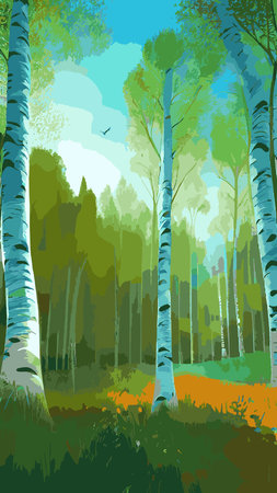 Birch thickets against backdrop of pine forest. summer landscape trees. nature view. Cartoon fun style. flat design. vectorのイラスト素材