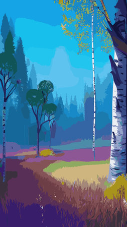 Birch thickets against backdrop of pine forest. summer landscape trees. nature view. Cartoon fun style. flat design. vectorのイラスト素材