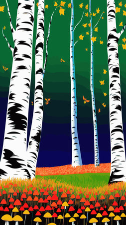 Birch thickets against backdrop of pine forest. summer landscape trees. nature view. Cartoon fun style. flat design. vectorのイラスト素材