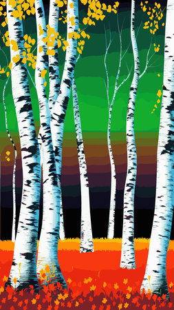 Birch thickets against backdrop of pine forest. summer landscape trees. nature view. Cartoon fun style. flat design. vectorのイラスト素材