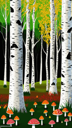Birch thickets against backdrop of pine forest. summer landscape trees. nature view. Cartoon fun style. flat design. vectorのイラスト素材