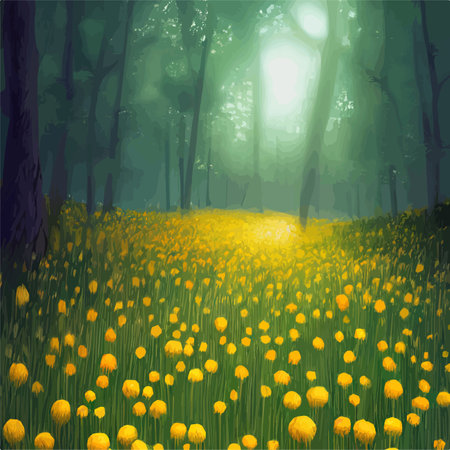 Vector illustration background of the Italian countryside. Hill landscape with pines and cypresses. Spring scenery with green grass and blue sky.のイラスト素材