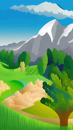 Beautiful mountain landscape with river and forest. vector cartoon illustration.のイラスト素材