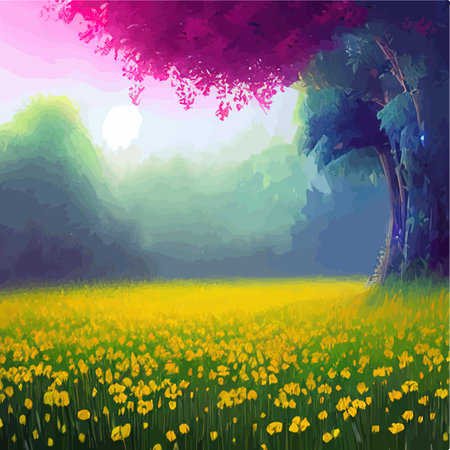 Vector illustration background of the Italian countryside. Hill landscape with pines and cypresses. Spring scenery with green grass and blue sky.のイラスト素材