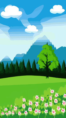 Vector illustration background of the Italian countryside. Hill landscape with pines and cypresses. Spring scenery with green grass and blue sky.のイラスト素材