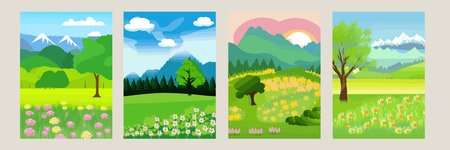 Vector illustration background of the Italian countryside. Hill landscape with pines and cypresses. Spring scenery with green grass and blue sky.のイラスト素材