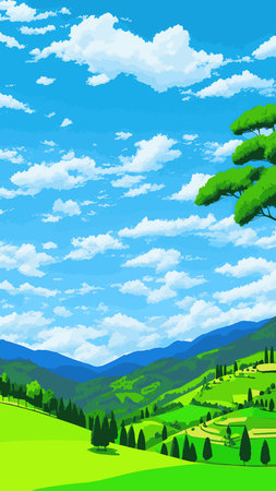 Vector illustration background of the Italian countryside. Hill landscape with pines and cypresses. Spring scenery with green grass and blue sky.のイラスト素材