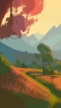 Vector illustration background of the Italian countryside. Hill landscape with pines and cypresses. Spring scenery with green grass and blue sky.のイラスト素材