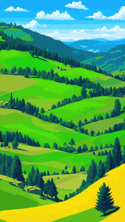 Vector illustration background of the Italian countryside. Hill landscape with pines and cypresses....