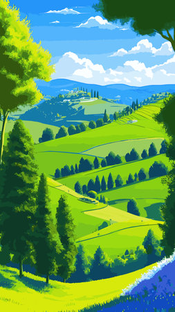 Vector illustration background of the Italian countryside. Hill landscape with pines and cypresses. Spring scenery with green grass and blue sky.のイラスト素材