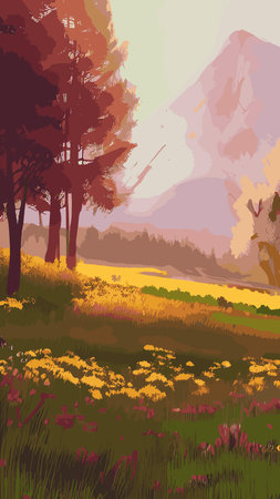 Vector illustration background of the Italian countryside. Hill landscape with pines and cypresses. Spring scenery with green grass and blue sky.のイラスト素材
