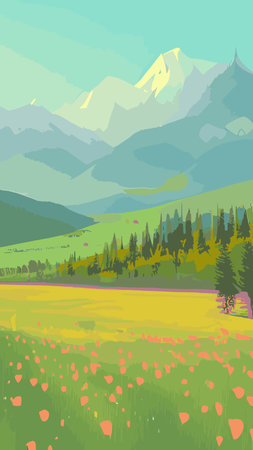 Vector illustration background of the Italian countryside. Hill landscape with pines and cypresses. Spring scenery with green grass and blue sky.のイラスト素材