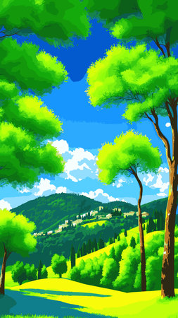 Vector illustration background of the Italian countryside. Hill landscape with pines and cypresses. Spring scenery with green grass and blue sky.のイラスト素材