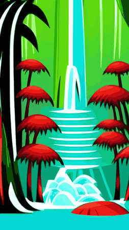 Waterfall in the jungle with trees and mountains. Vector cartoon illustration of rain forest landscape with river falls from rocks to lake. Rainforest scene with green plants and water streams on stonesのイラスト素材