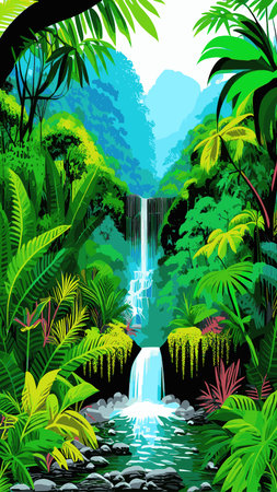 Waterfall in the jungle with trees and mountains. Vector cartoon illustration of rain forest landscape with river falls from rocks to lake. Rainforest scene with green plants and water streams on stonesのイラスト素材
