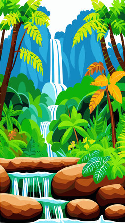 Waterfall in the jungle with trees and mountains. Vector cartoon illustration of rain forest landscape with river falls from rocks to lake. Rainforest scene with green plants and water streams on stonesのイラスト素材