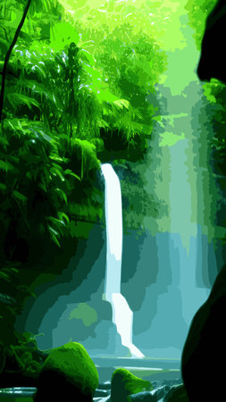 Waterfall in the jungle with trees and mountains. Vector cartoon illustration of rain forest landscape with river falls from rocks to lake. Rainforest scene with green plants and water streams on stonesのイラスト素材