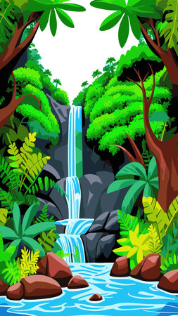 Waterfall in the jungle with trees and mountains. Vector cartoon illustration of rain forest landscape with river falls from rocks to lake. Rainforest scene with green plants and water streams on stonesのイラスト素材