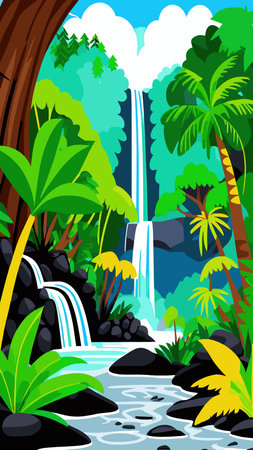 Waterfall in the jungle with trees and mountains. Vector cartoon illustration of rain forest landscape with river falls from rocks to lake. Rainforest scene with green plants and water streams on stonesのイラスト素材