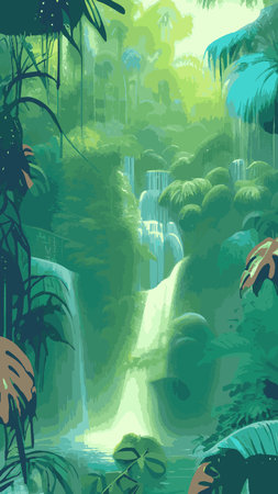 Waterfall in the jungle with trees and mountains. Vector cartoon illustration of rain forest landscape with river falls from rocks to lake. Rainforest scene with green plants and water streams on stonesのイラスト素材