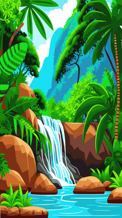 Waterfall in the jungle with trees and mountains. Vector cartoon illustration of rain forest landscape with river falls from rocks to lake. Rainforest scene with green plants and water streams on stonesのイラスト素材