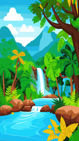 Waterfall in the jungle with trees and mountains. Vector cartoon illustration of rain forest landscape with river falls from rocks to lake. Rainforest scene with green plants and water streams on stonesのイラスト素材