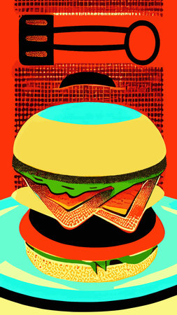illustration of a hamburger on a background of colored geometric shapesのイラスト素材