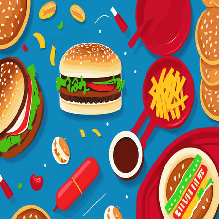 Minimal background for fast food concept. Hamburger cartoon style background. rendering illustration. Clipping path of each element included.のイラスト素材